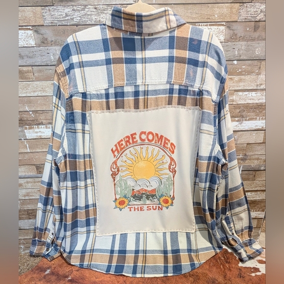The Beatles Here Comes The Sun Graphic Upcycled Slight Bleached Flannel Shirt - Picture 1 of 15